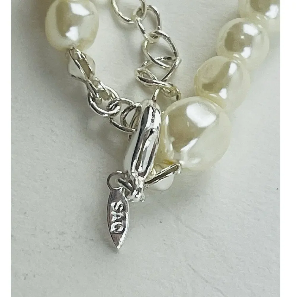 Avon SAQ Faux Pearl Necklace Silver-tone Choker Collar Could be bracelet - doubl